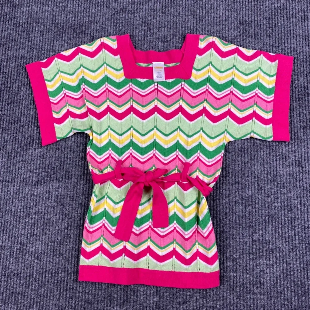 Gymboree Girls Pink Green Chevron Knit Sweater Dress Tie Waist Size S 5-6